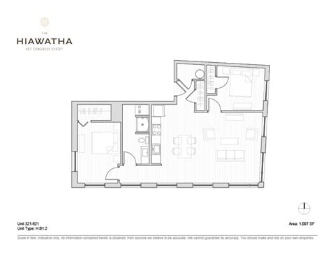 Floor plan for 2 beds, 1 bath, 1097 sqft